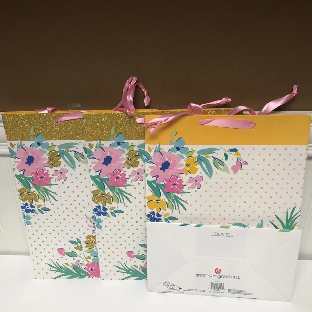 Pioneer Woman Gift Bags Floral White Gold American Greetings Party Lot of 3